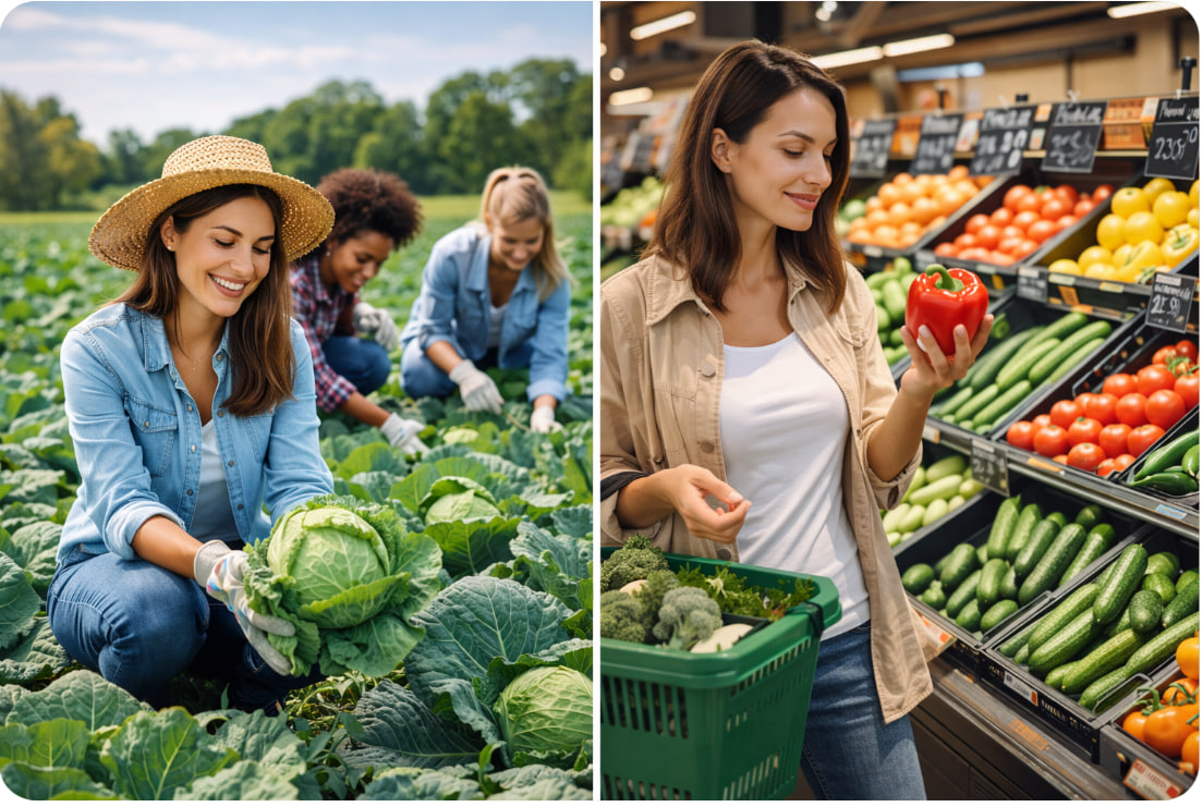 Harvesting vegetables on a farm and shopping in a supermarket comparison