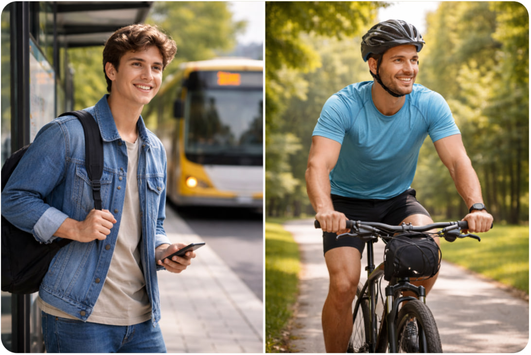 Waiting for a bus and riding a bicycle comparison